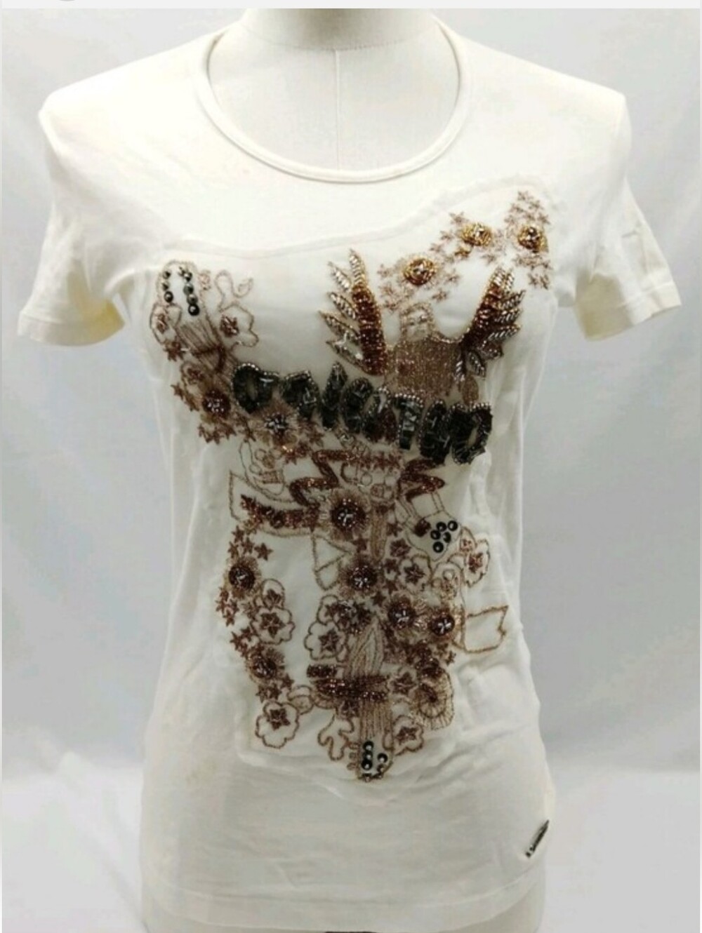 John Galliano Womens White Embellished Cotton Tee